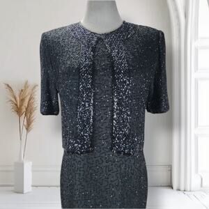 Vintage Beaded Silk Evening Gown Set Black Dress Jacket Size L Formal Gala